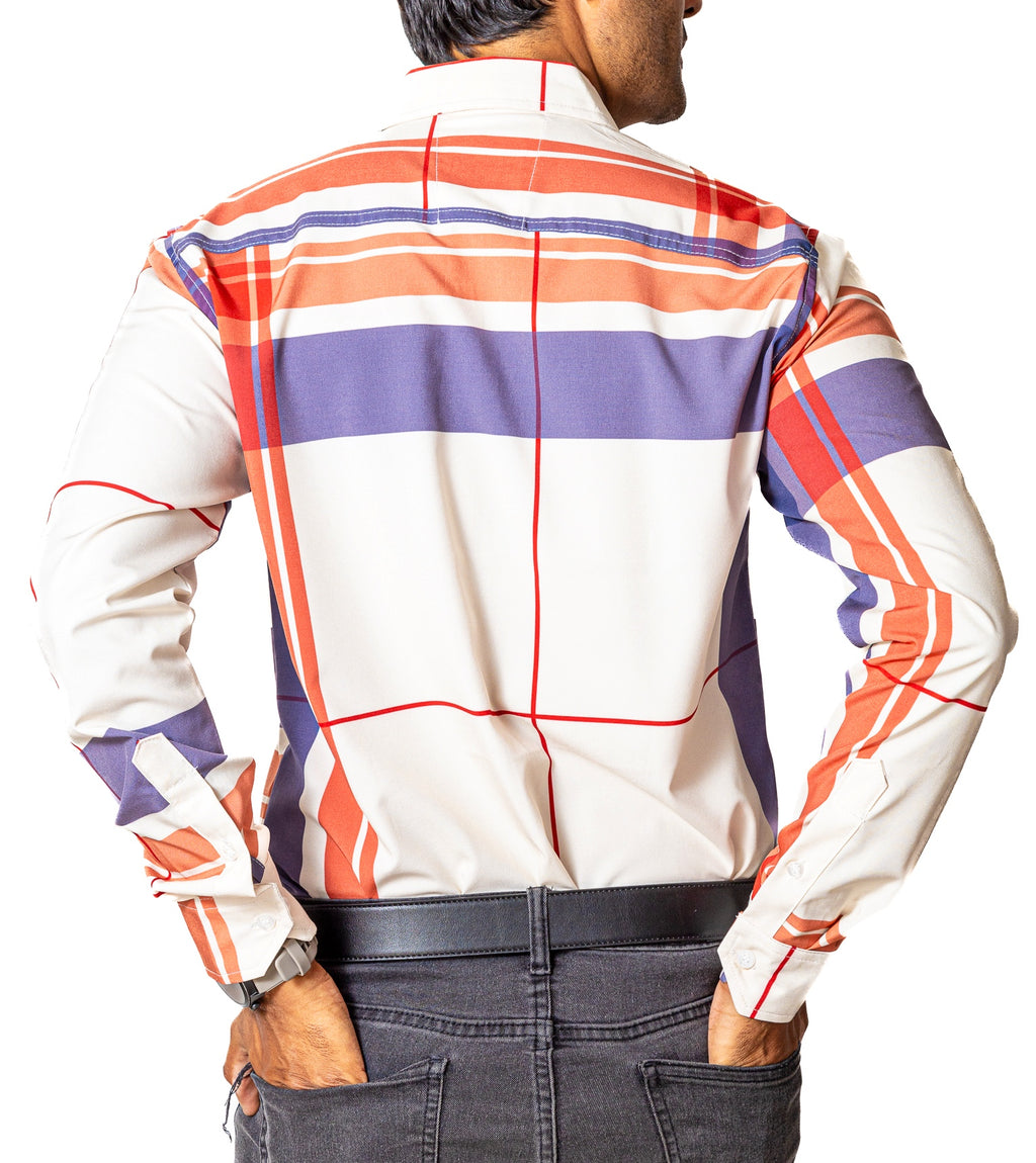 Camisa Casual Hombre Slim, Hueso Franjas Lila, Marron Y Rojo - Tiendas Platino Camisas Hombre 34 (S)