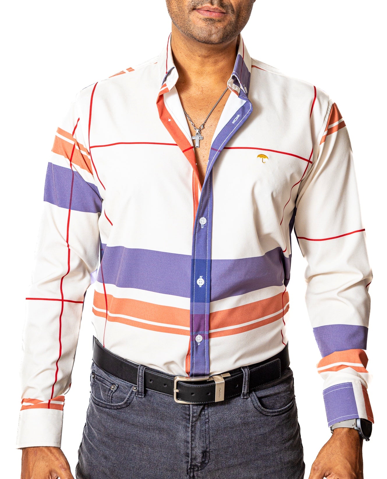 Camisa Casual Hombre Slim, Hueso Franjas Lila, Marron Y Rojo - Tiendas Platino Camisas Hombre 34 (S)