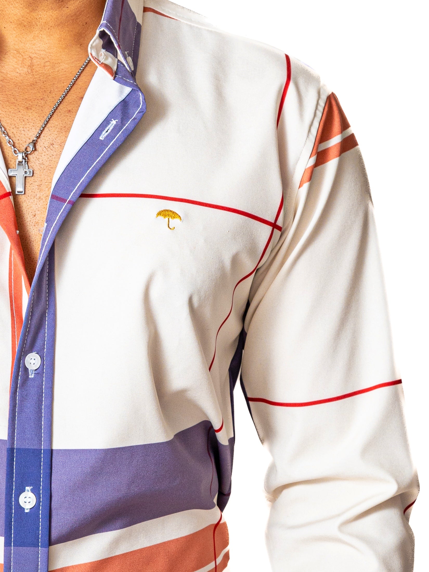 Camisa Casual Hombre Slim, Hueso Franjas Lila, Marron Y Rojo - Tiendas Platino Camisas Hombre 34 (S)