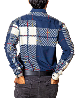 Camisa Casual Hombre Slim,cuadros,azul,beige Lineas Rojo