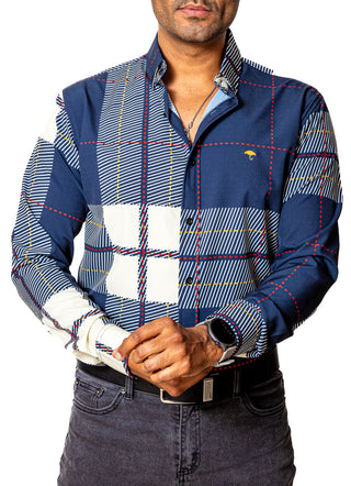 Camisa Casual Hombre Slim,cuadros,azul,beige Lineas Rojo