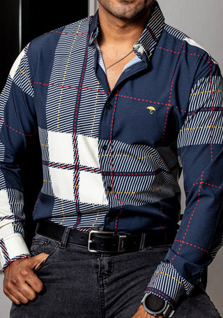 Camisa Casual Hombre Slim,cuadros,azul,beige Lineas Rojo