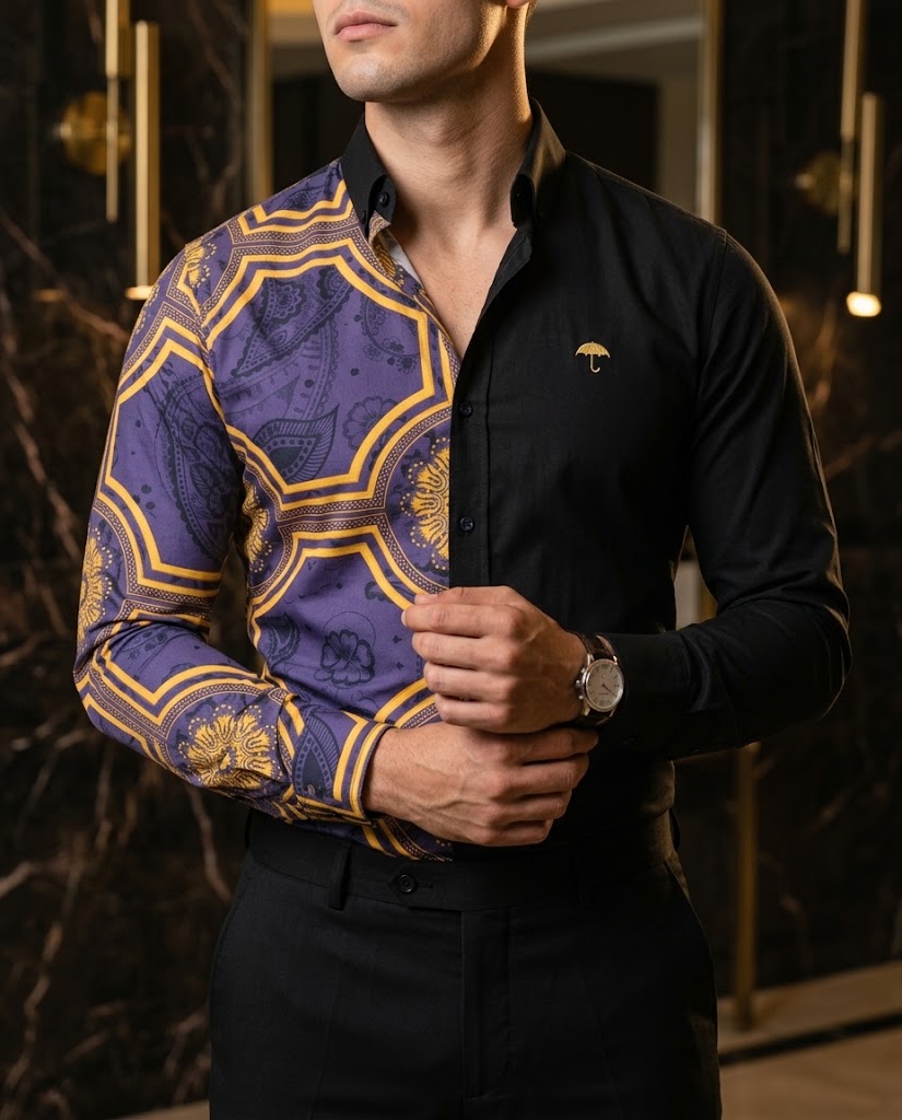 Men's Casual Slim Fit Shirt Black Half Golden Mandala
