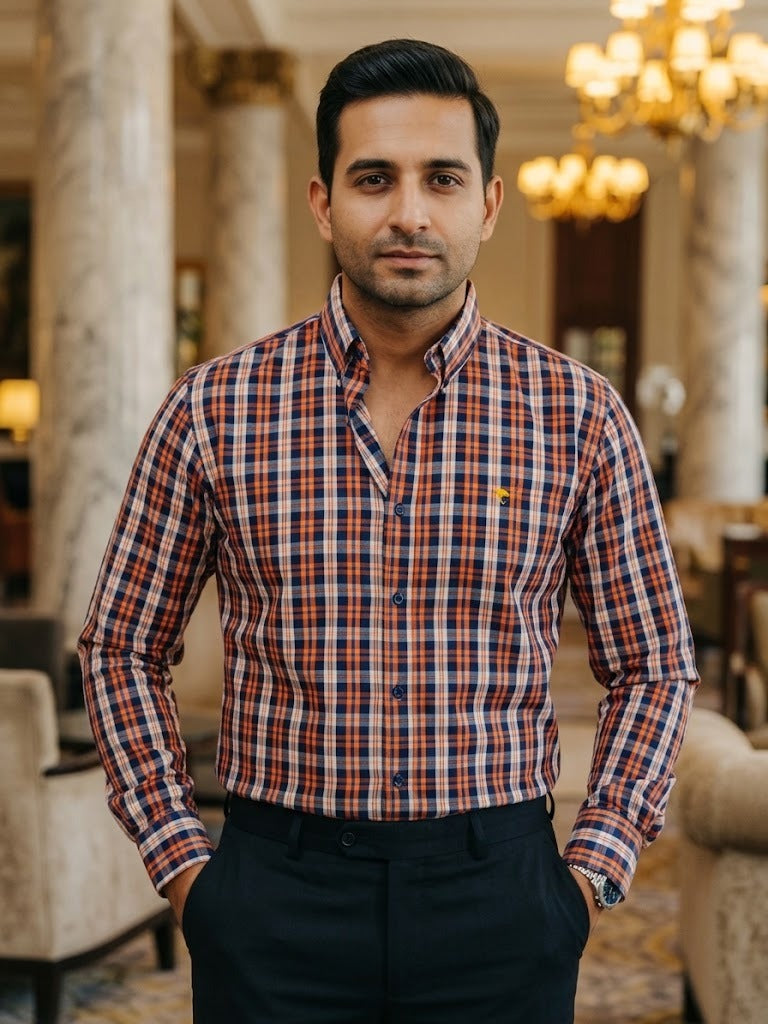 Camisa Hombre Cuadros Blanco Azul Naranja — Tropic Check | Moon & Rain