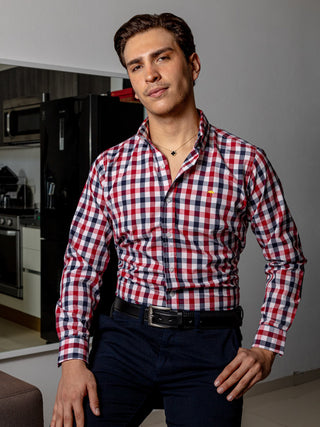 Camisa Hombre Casual Regular Fit Cuadros Rojo Y Negro