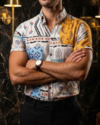 Men's Casual Short-Sleeved White Blue Plaid Shirt