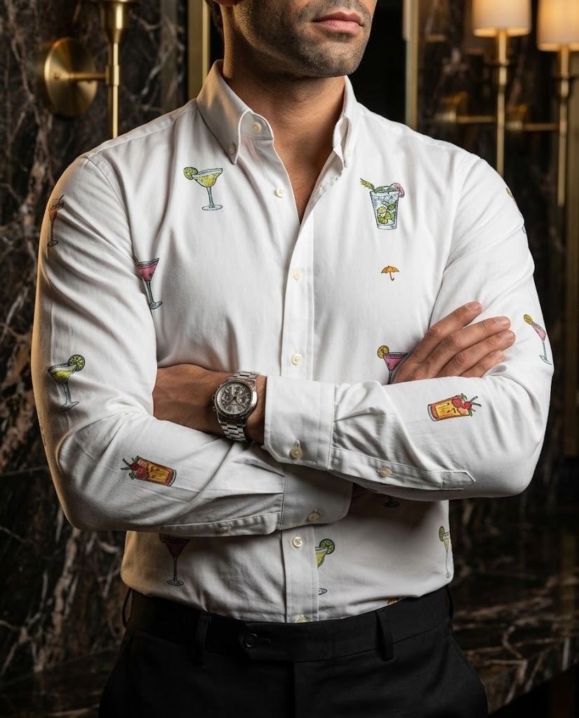 Camisa Hombre Casual Figuras Bebidas — Cocktail Celebration White | Moon & Rain