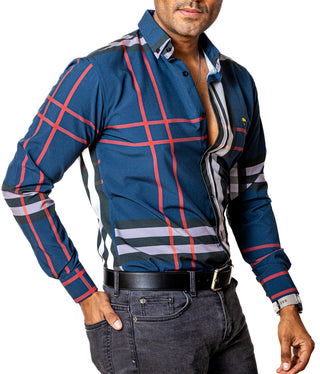 Camisa Casual Hombre Slim, Azul Líneas Roja, Negra Y Gris - Tiendas Platino Camisas Hombre 34 (S)