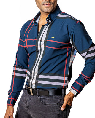 Camisa Casual Hombre Slim, Azul Líneas Roja, Negra Y Gris - Tiendas Platino Camisas Hombre 34 (S)