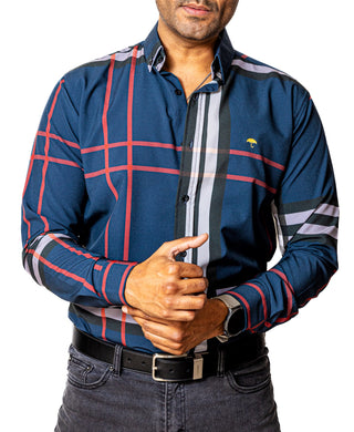 Camisa Casual Hombre Slim, Azul Líneas Roja, Negra Y Gris - Tiendas Platino Camisas Hombre 34 (S)