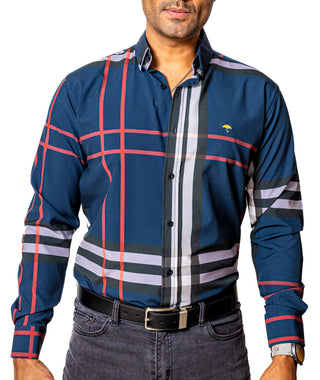 Camisa Casual Hombre Slim, Azul Líneas Roja, Negra Y Gris - Tiendas Platino Camisas Hombre 34 (S)