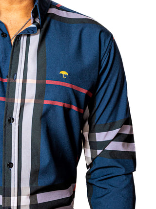 Camisa Casual Hombre Slim, Azul Líneas Roja, Negra Y Gris - Tiendas Platino Camisas Hombre 34 (S)