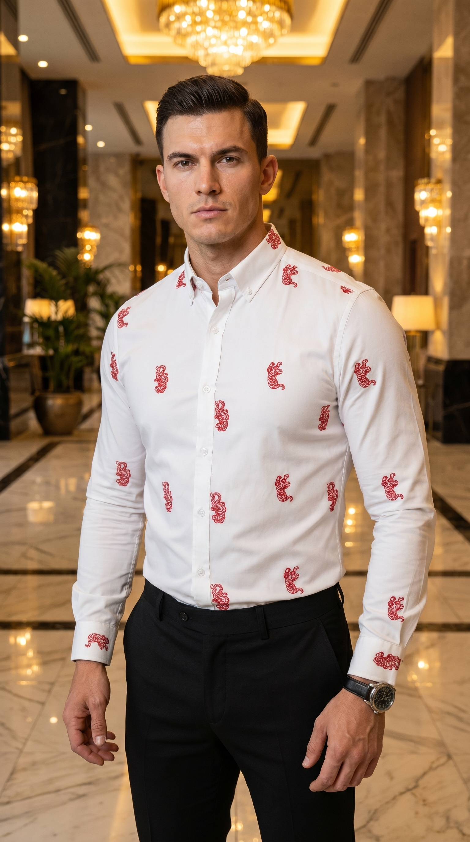 Camisa Hombre Casual Blanca Tigres Rojos