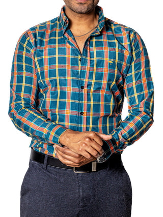 Camisa Casual Hombre,verde Cuadros Naranja, Amarillo