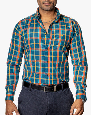 Camisa Casual Hombre,verde Cuadros Naranja, Amarillo