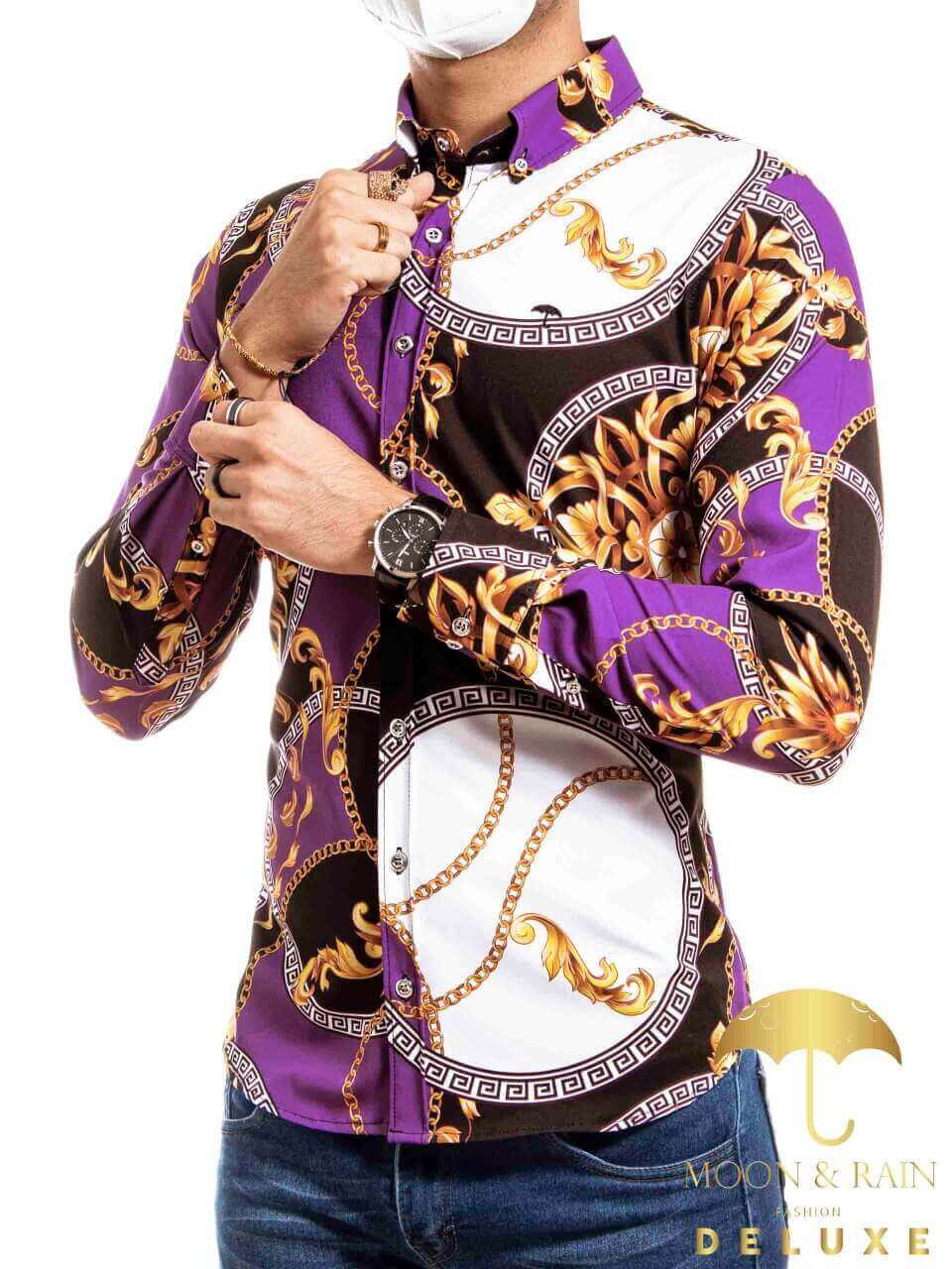 Camisa Hombre Casual Barroco Morada Y Negro Círculos - 34 (S)-Tiendas Platino