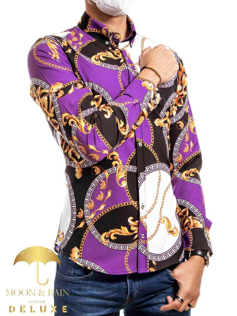 Camisa Hombre Casual Barroco Morada Y Negro Círculos - 34 (S)-Tiendas Platino