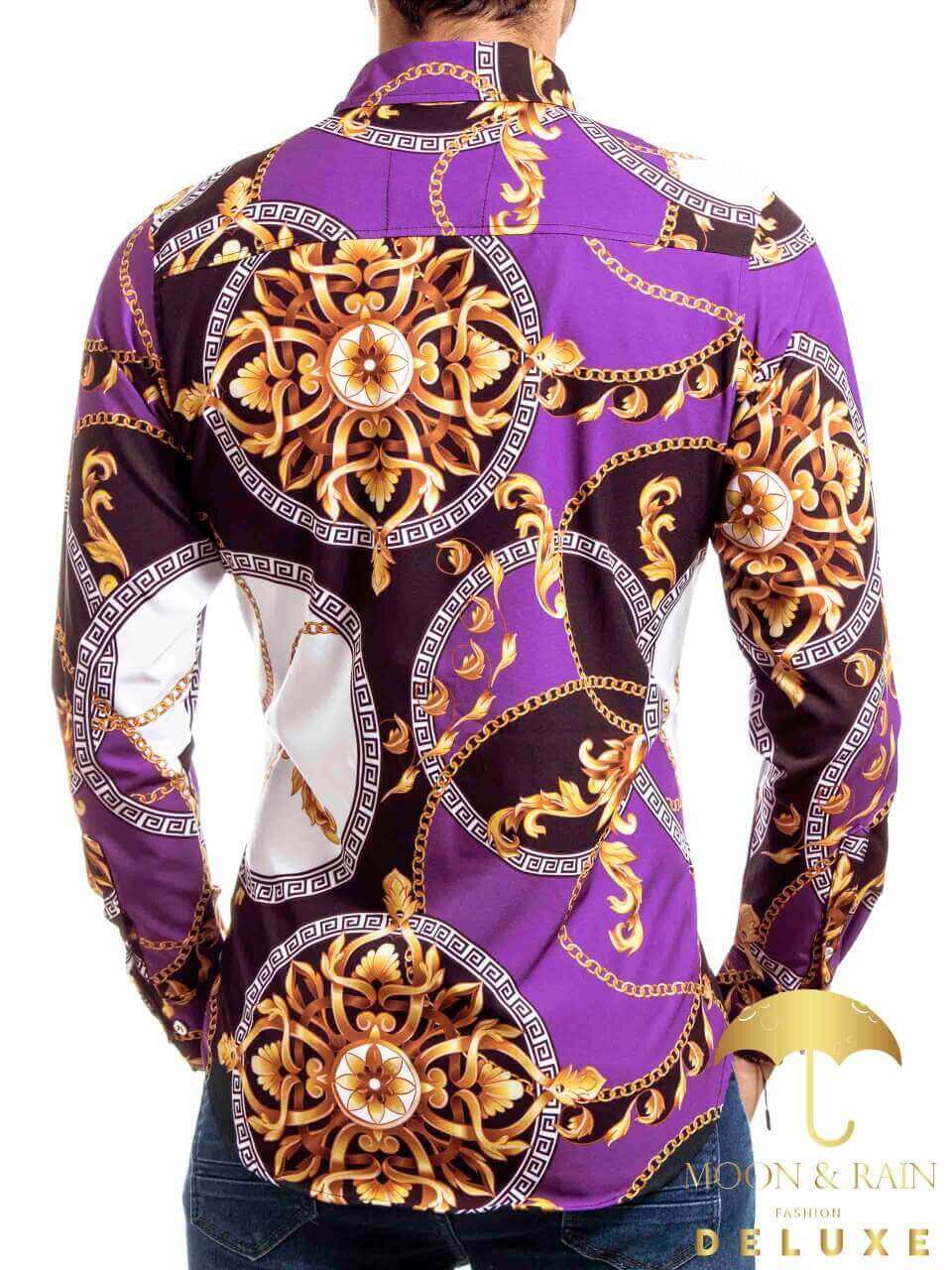 Camisa Hombre Casual Barroco Morada Y Negro Círculos - 34 (S)-Tiendas Platino