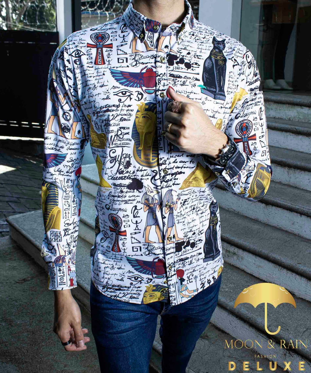 Camisa Hombre Casual Slim Fit Blanca Esfinges Letras - 34 (S)-Tiendas Platino