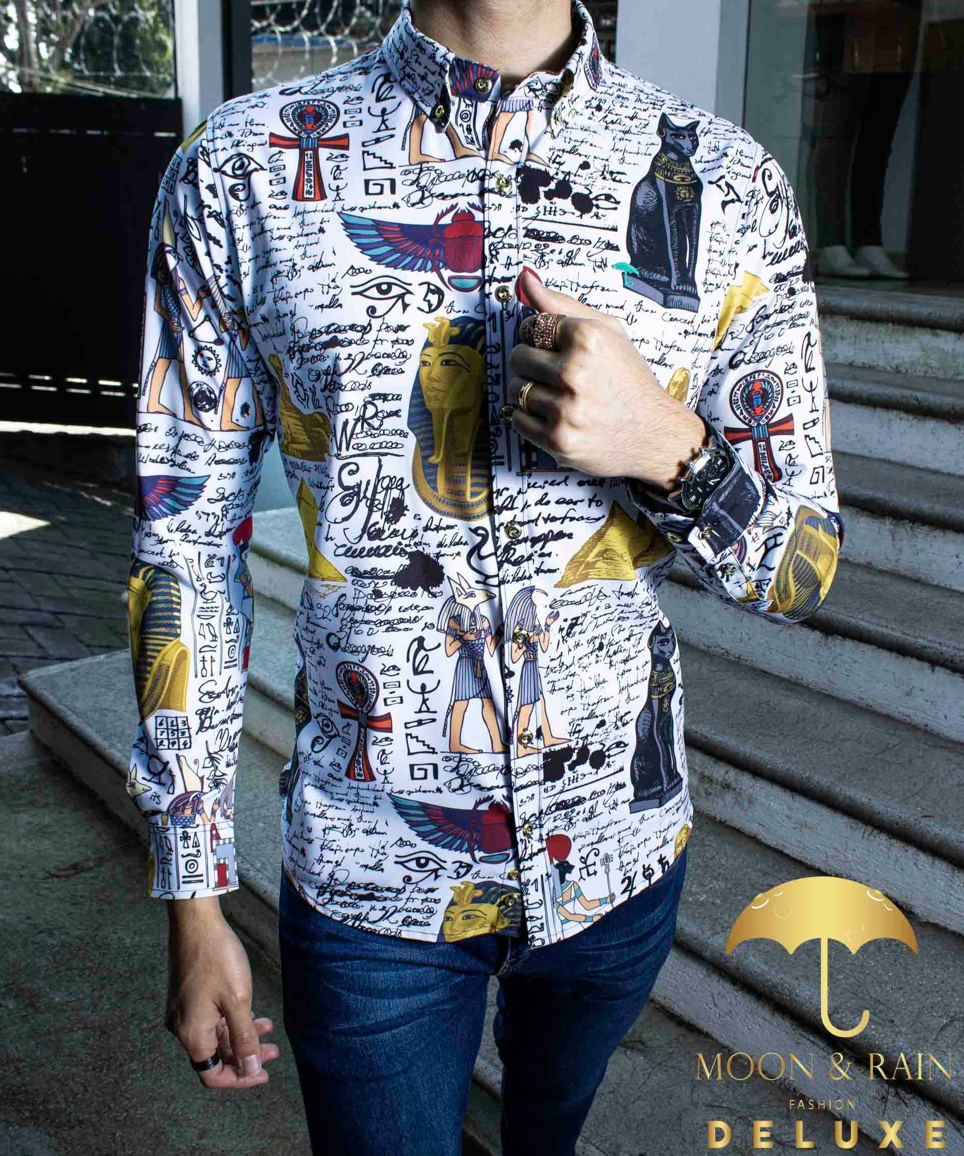 Camisa Hombre Casual Slim Fit Blanca Esfinges Letras - 34 (S)-Tiendas Platino