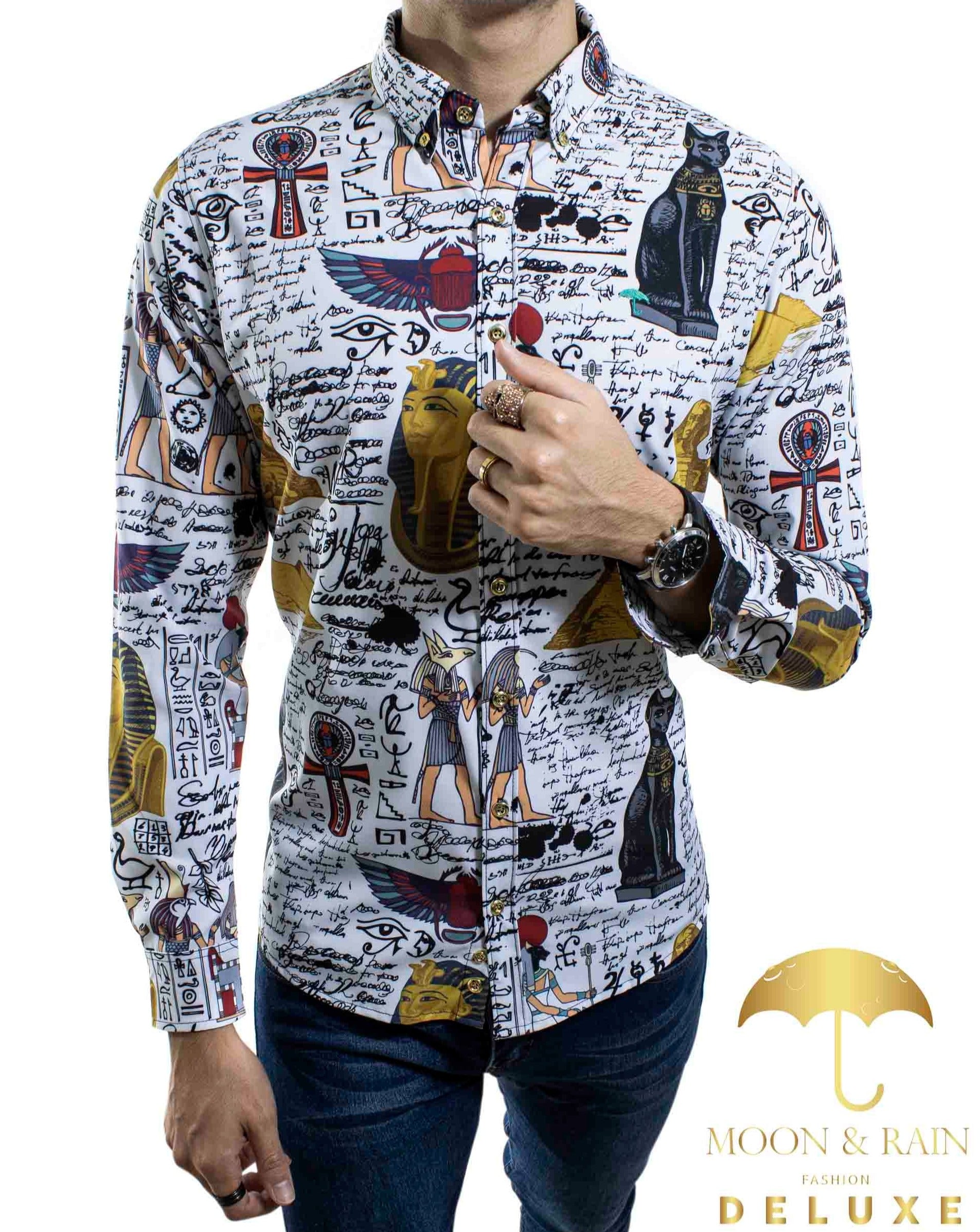 Camisa Hombre Casual Slim Fit Blanca Esfinges Letras - 34 (S)-Tiendas Platino