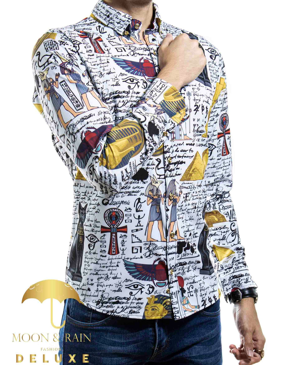 Camisa Hombre Casual Slim Fit Blanca Esfinges Letras - 34 (S)-Tiendas Platino