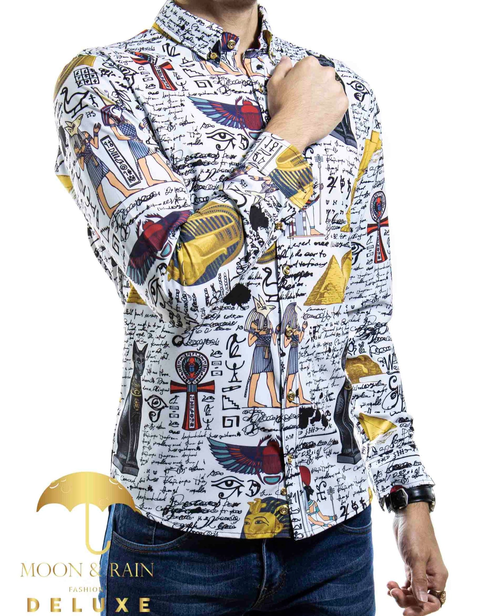 Camisa Hombre Casual Slim Fit Blanca Esfinges Letras - 34 (S)-Tiendas Platino