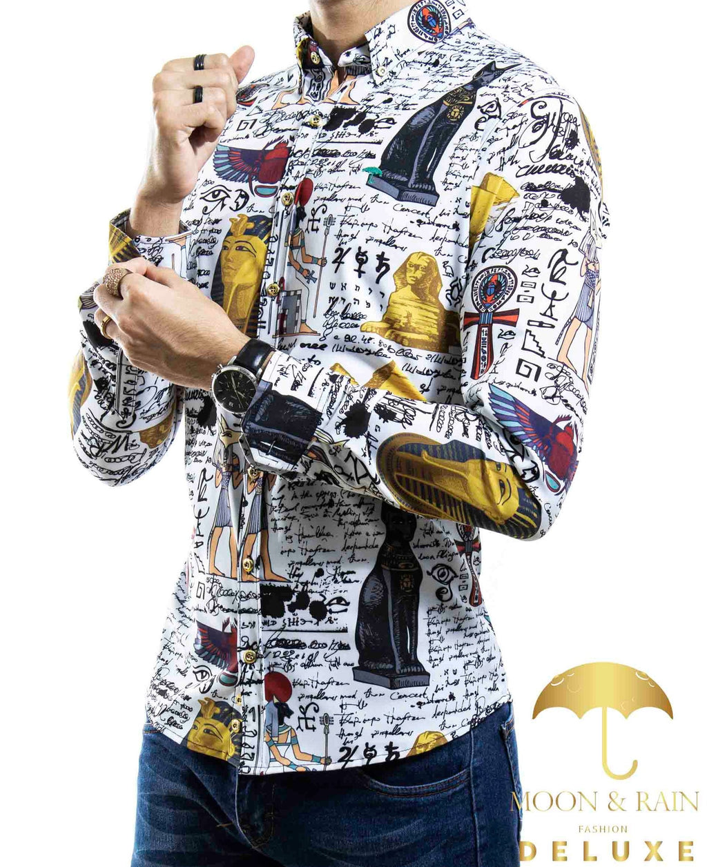 Camisa Hombre Casual Slim Fit Blanca Esfinges Letras - 34 (S)-Tiendas Platino