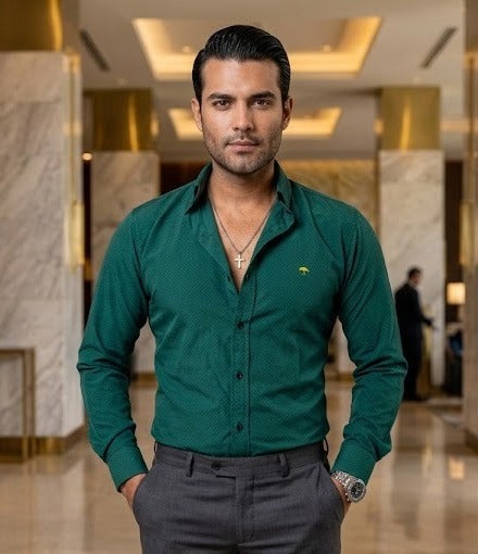 Camisa Hombre Casual Verde Oscuro Lisa