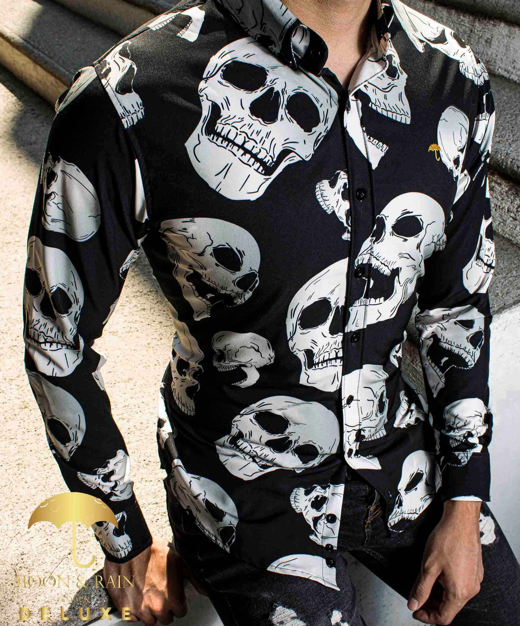 Camisa Hombre Casual Slim Fit Negra Calavera Blanca
