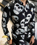 Camisa Hombre Casual Slim Fit Negra Calavera Blanca