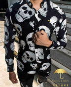 Camisa Hombre Casual Slim Fit Negra Calavera Blanca