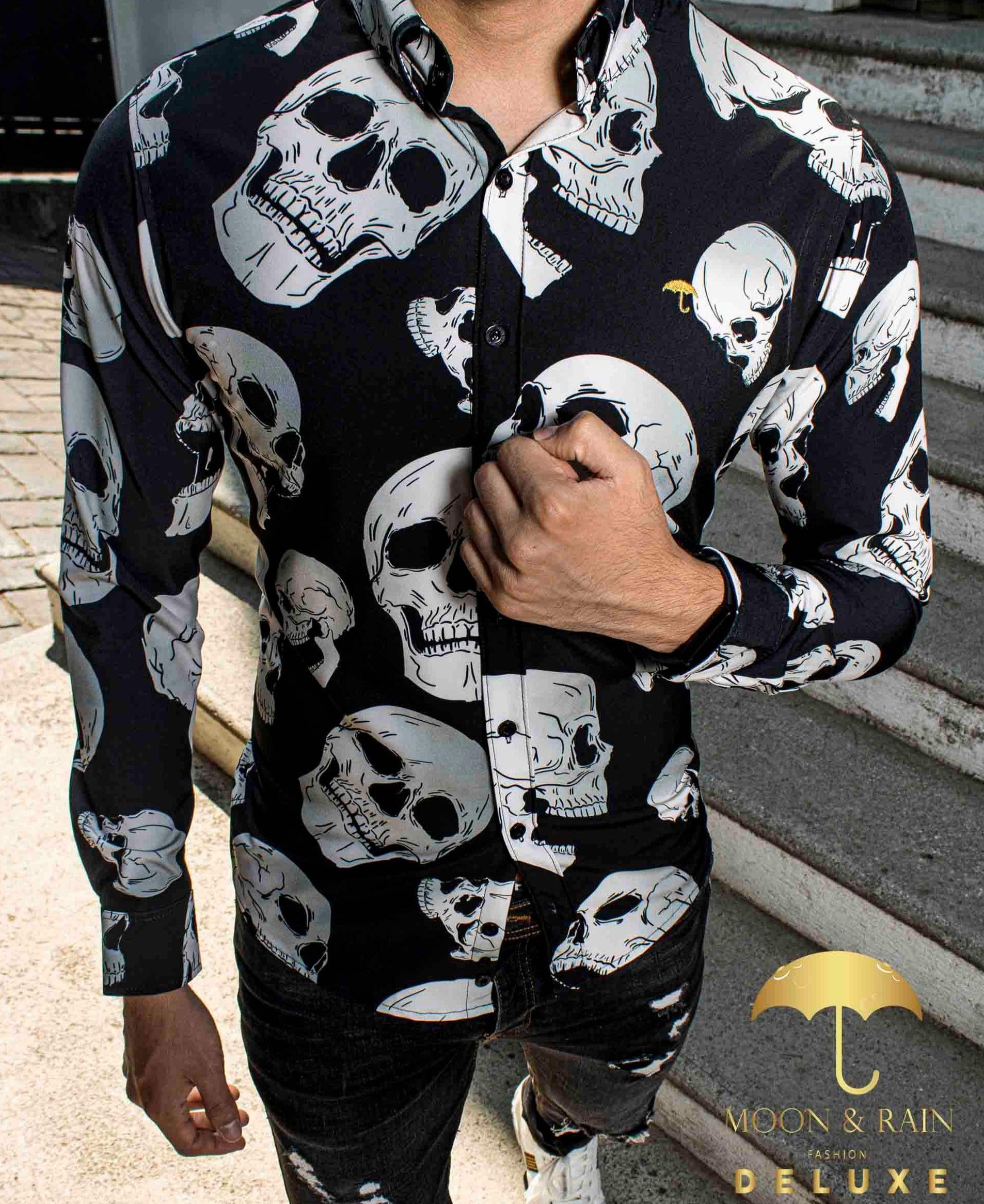 Camisa Hombre Casual Slim Fit Negra Calavera Blanca