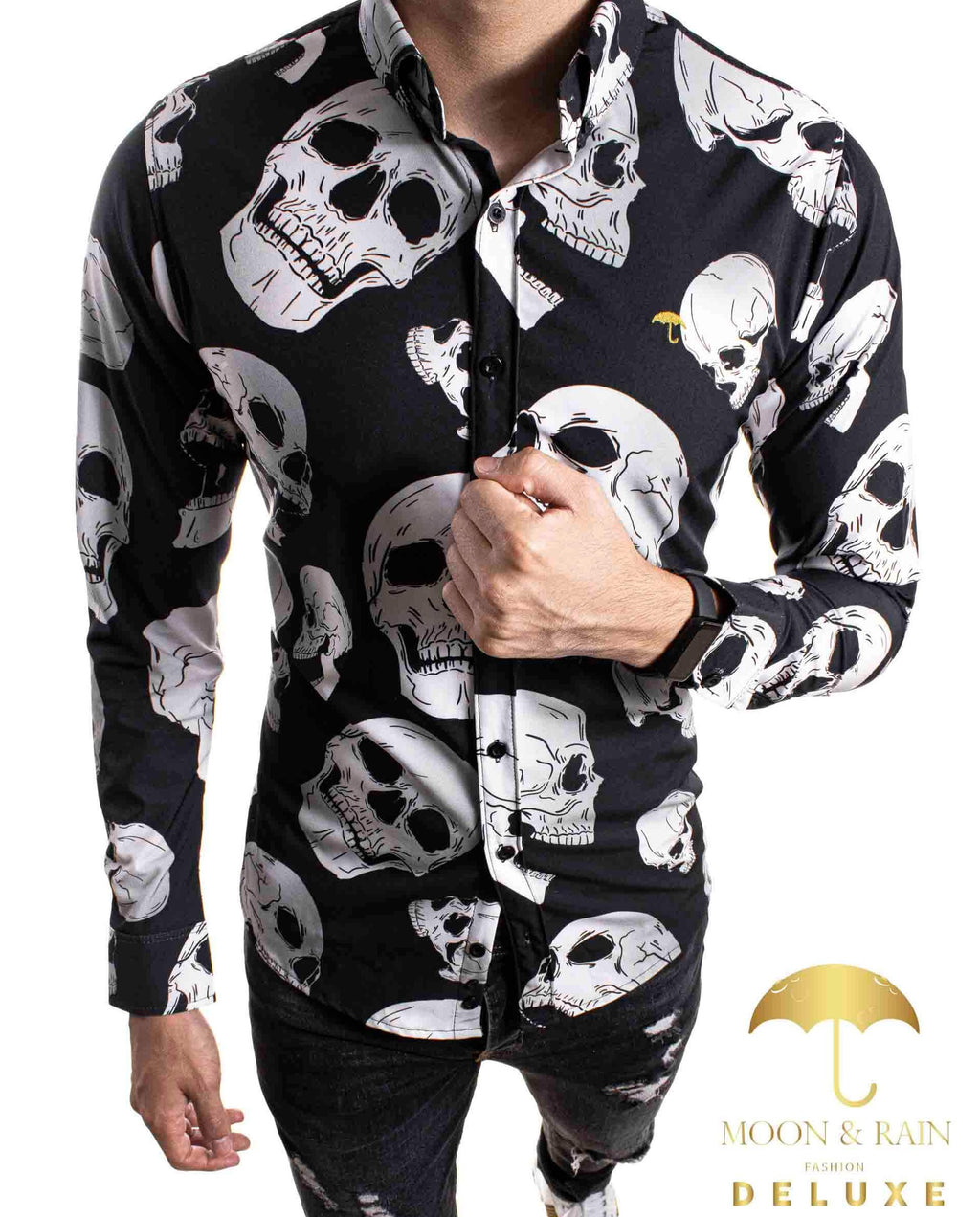 Camisa Hombre Casual Slim Fit Negra Calavera Blanca