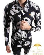 Camisa Hombre Casual Slim Fit Negra Calavera Blanca