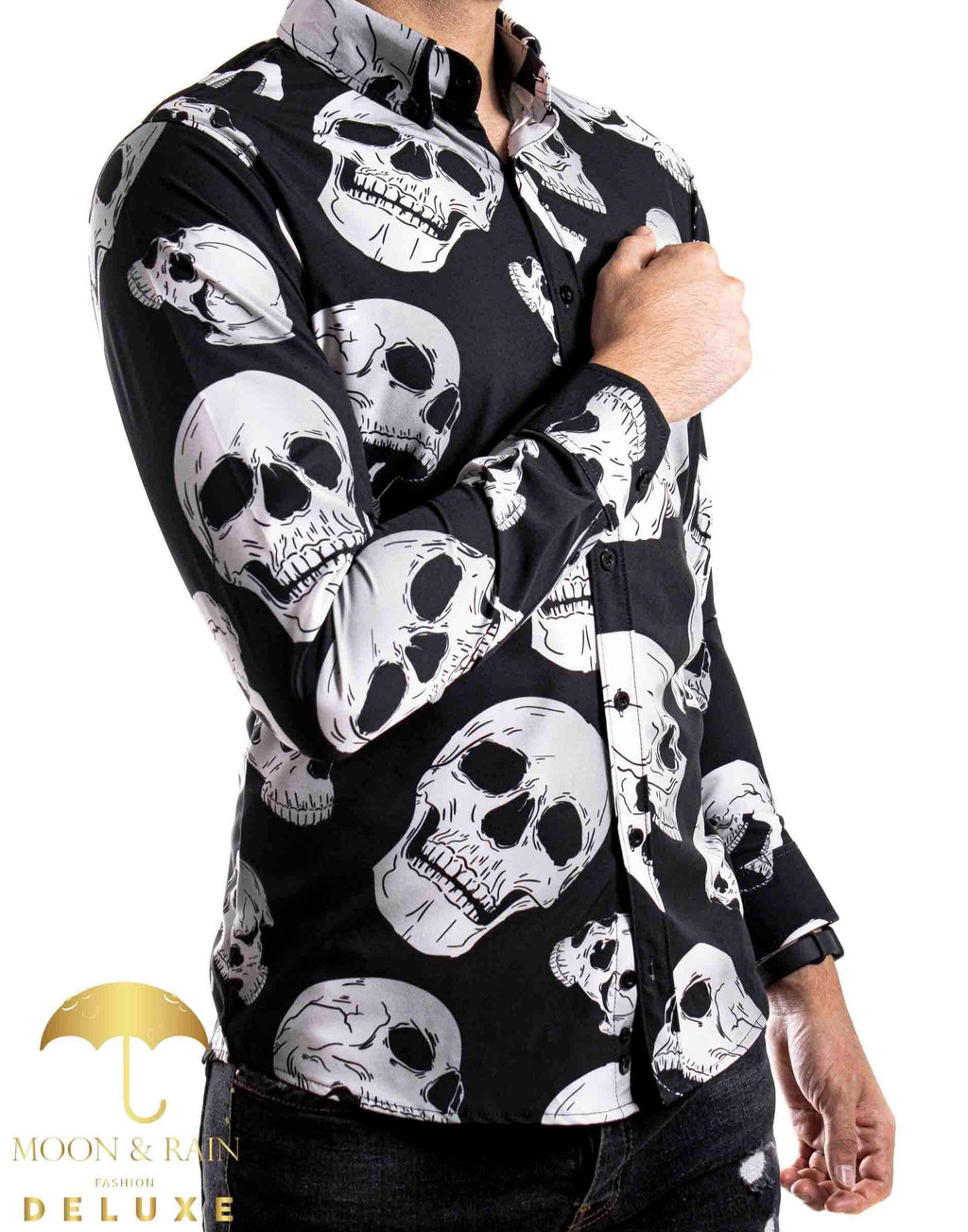 Camisa Hombre Casual Slim Fit Negra Calavera Blanca