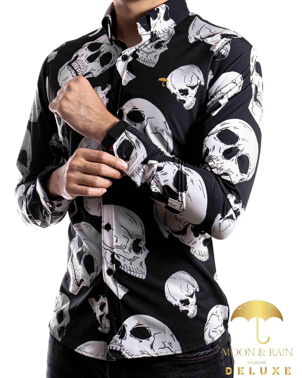 Camisa Hombre Casual Slim Fit Negra Calavera Blanca
