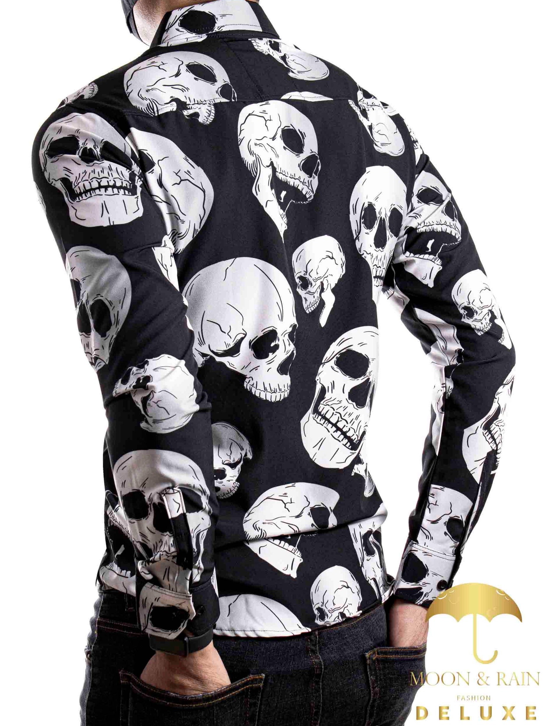 Camisa Hombre Casual Slim Fit Negra Calavera Blanca