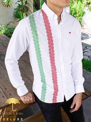 Camisa Hombre Casual Slim Fit Guayabera Blanca Tricolor