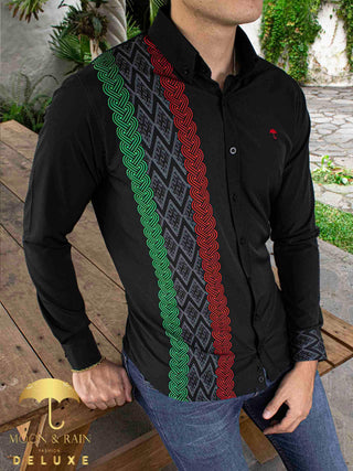 Camisa Hombre Casual Slim Fit Guayabera Negra Tricolor
