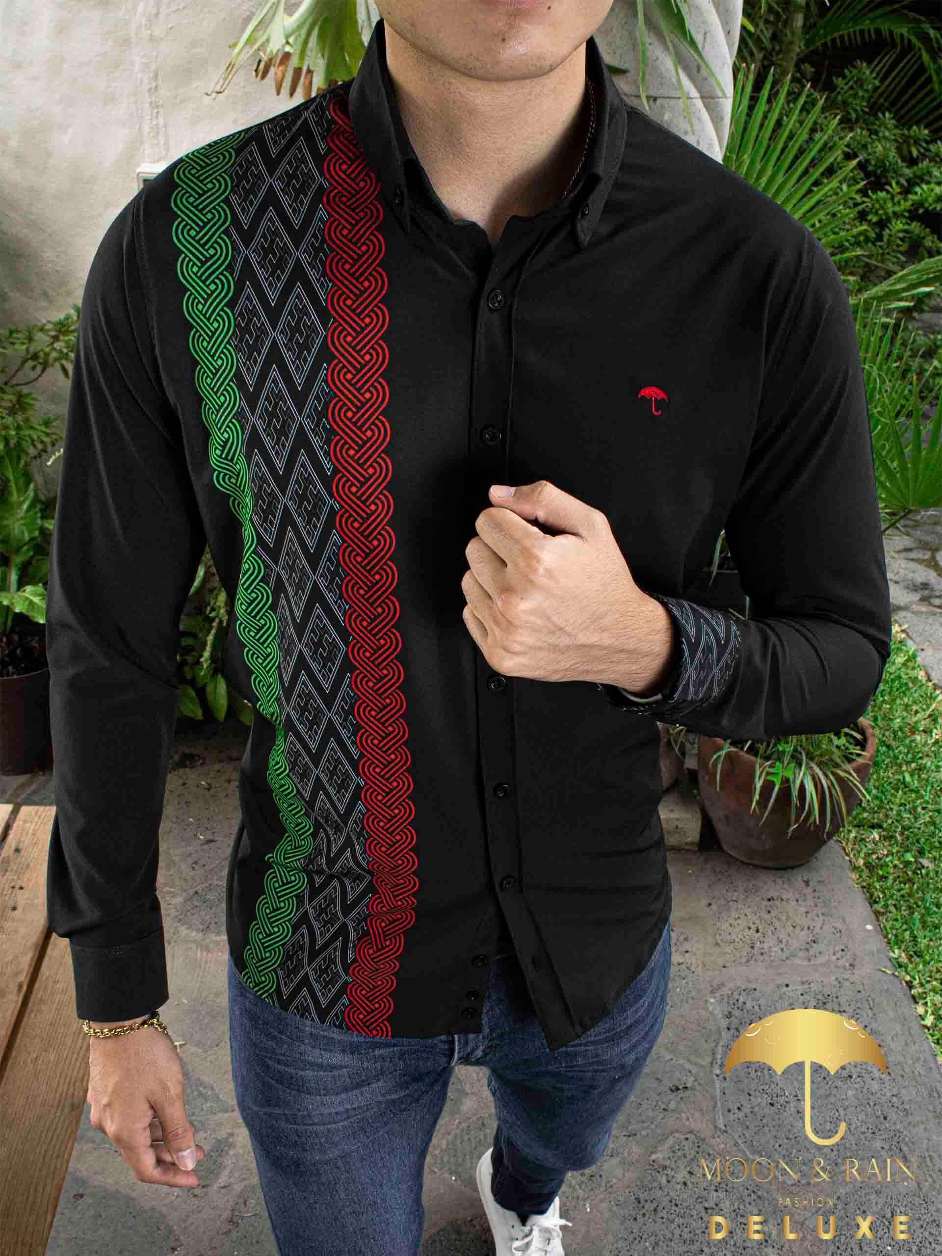 Camisa Hombre Casual Slim Fit Guayabera Negra Tricolor Tiendas