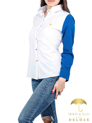 Camisa Mujer Casual Slim Fit Blanco Manga Azul Y Rosa