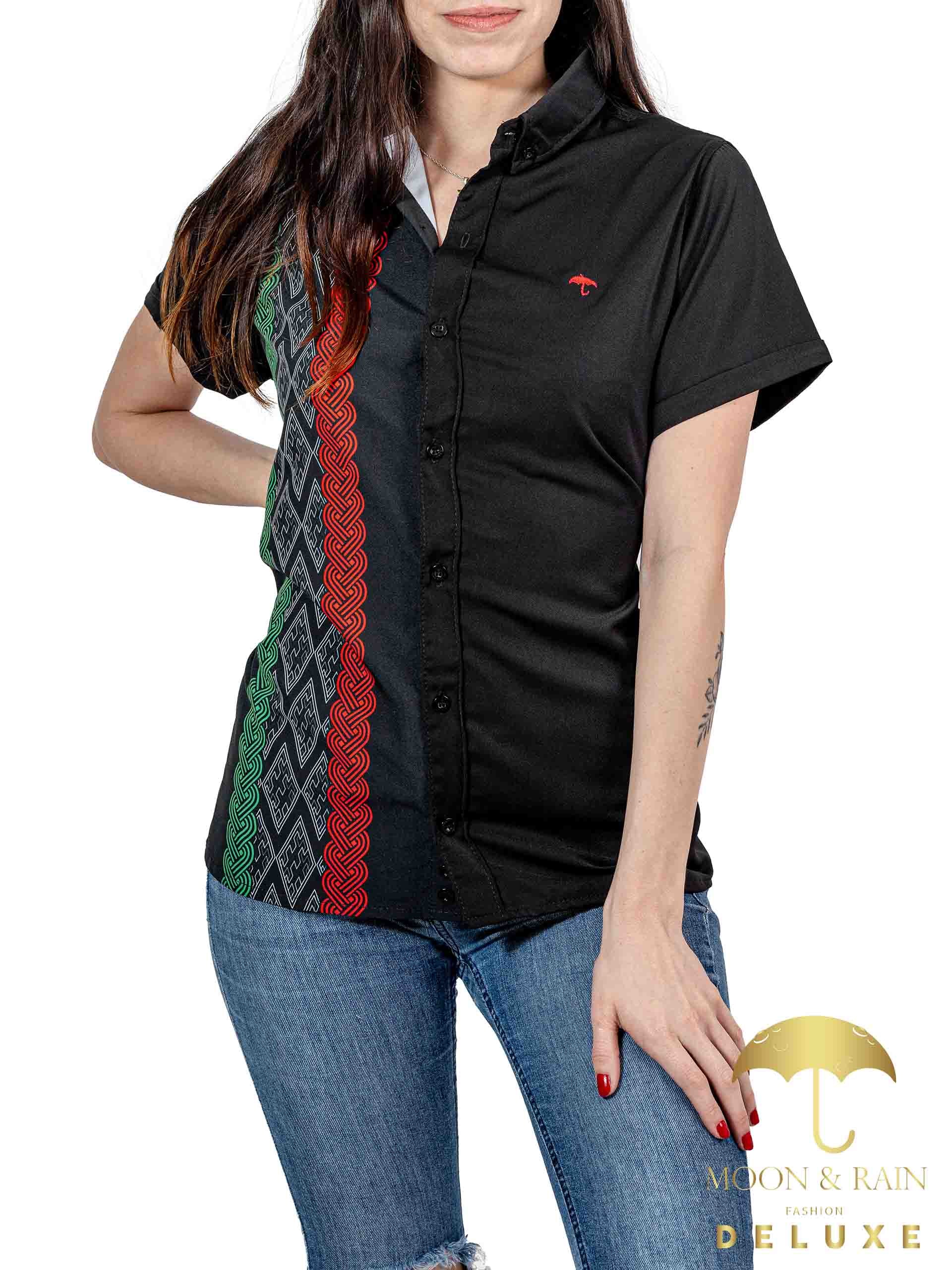 Camisa Mujer Casual Slim Fit Guayabera Negra Tricolor Sty2 - 6 - 7 (S)-Tiendas Platino
