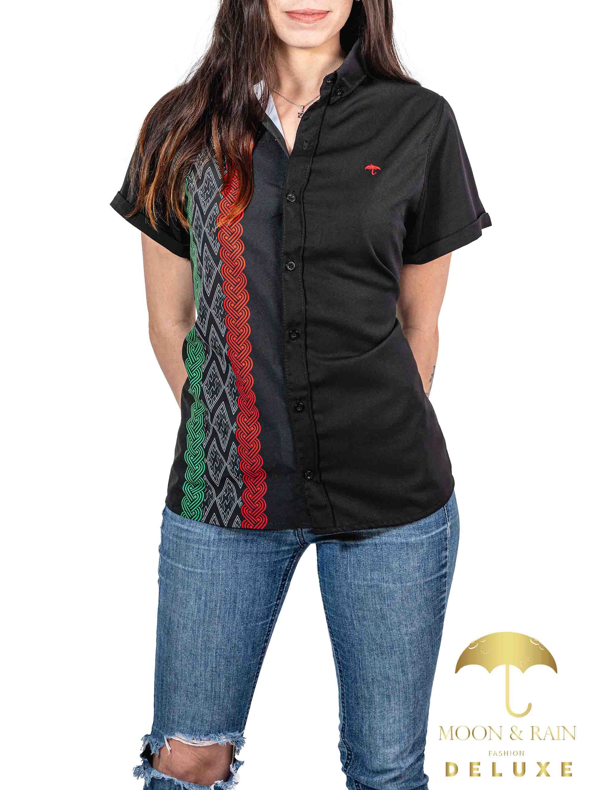Camisa Mujer Casual Slim Fit Guayabera Negra Tricolor Sty2 - 6 - 7 (S)-Tiendas Platino