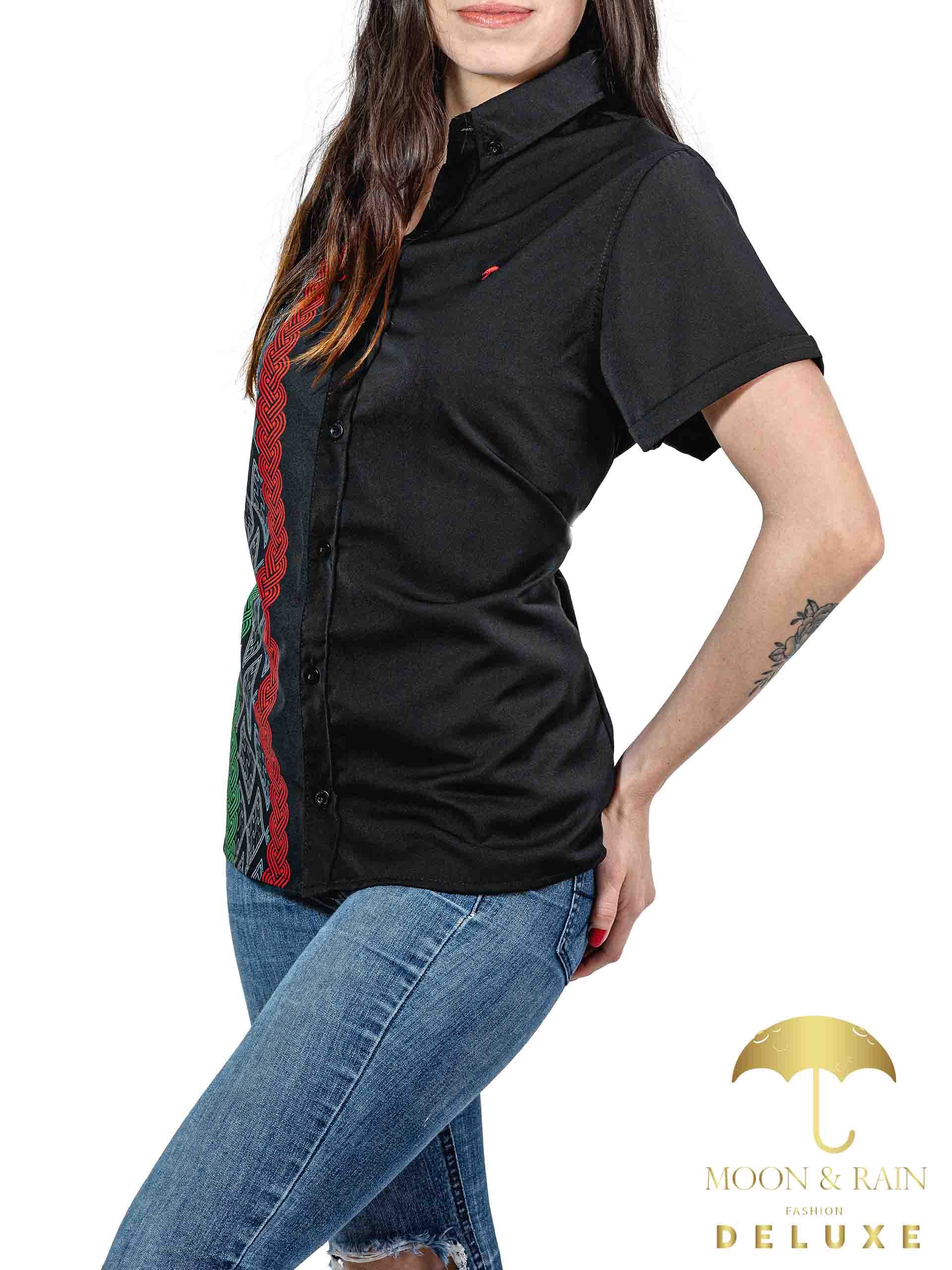 Camisa Mujer Casual Slim Fit Guayabera Negra Tricolor Sty2 - 6 - 7 (S)-Tiendas Platino