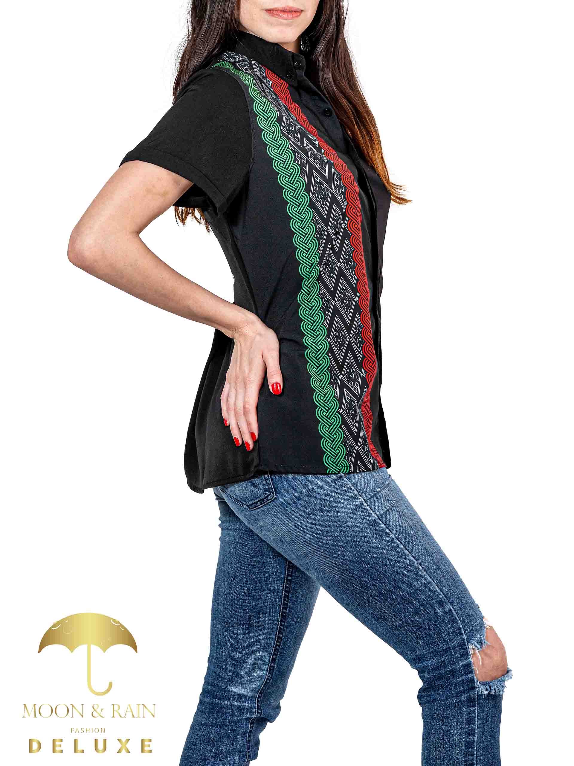 Camisa Mujer Casual Slim Fit Guayabera Negra Tricolor Sty2 - 6 - 7 (S)-Tiendas Platino