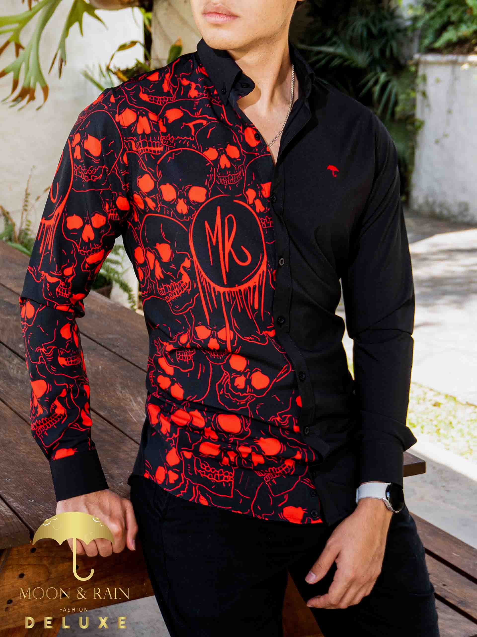 Camisa Hombre Casual Slim Fit Negra Mitad Calavera Roja Tiendas