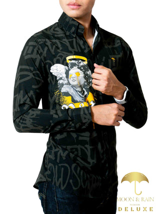 Camisa Hombre Casual Slim Fit Negra Con Ángel Moon &amp; Rain