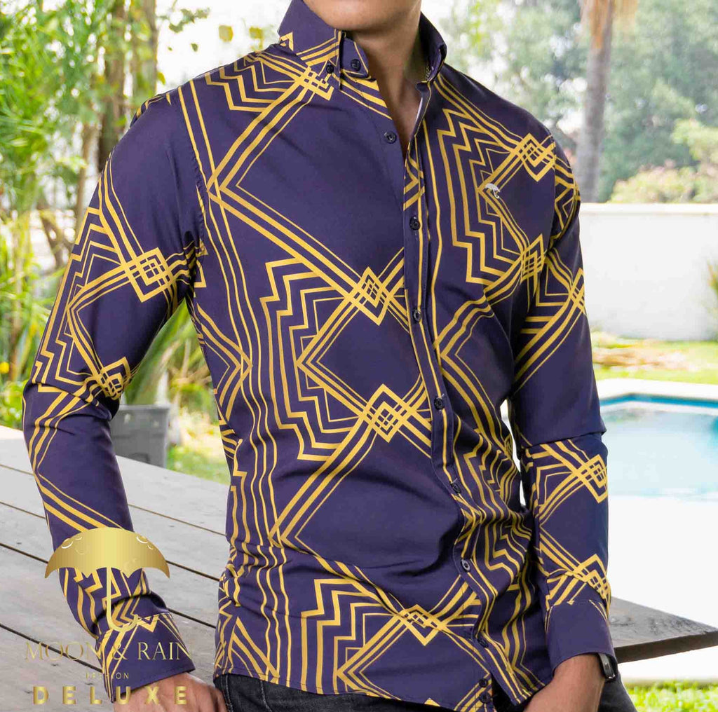 Camisa Hombre Casual Slim Fit Marino Rombos Dorados - 34 (S)-Tiendas Platino