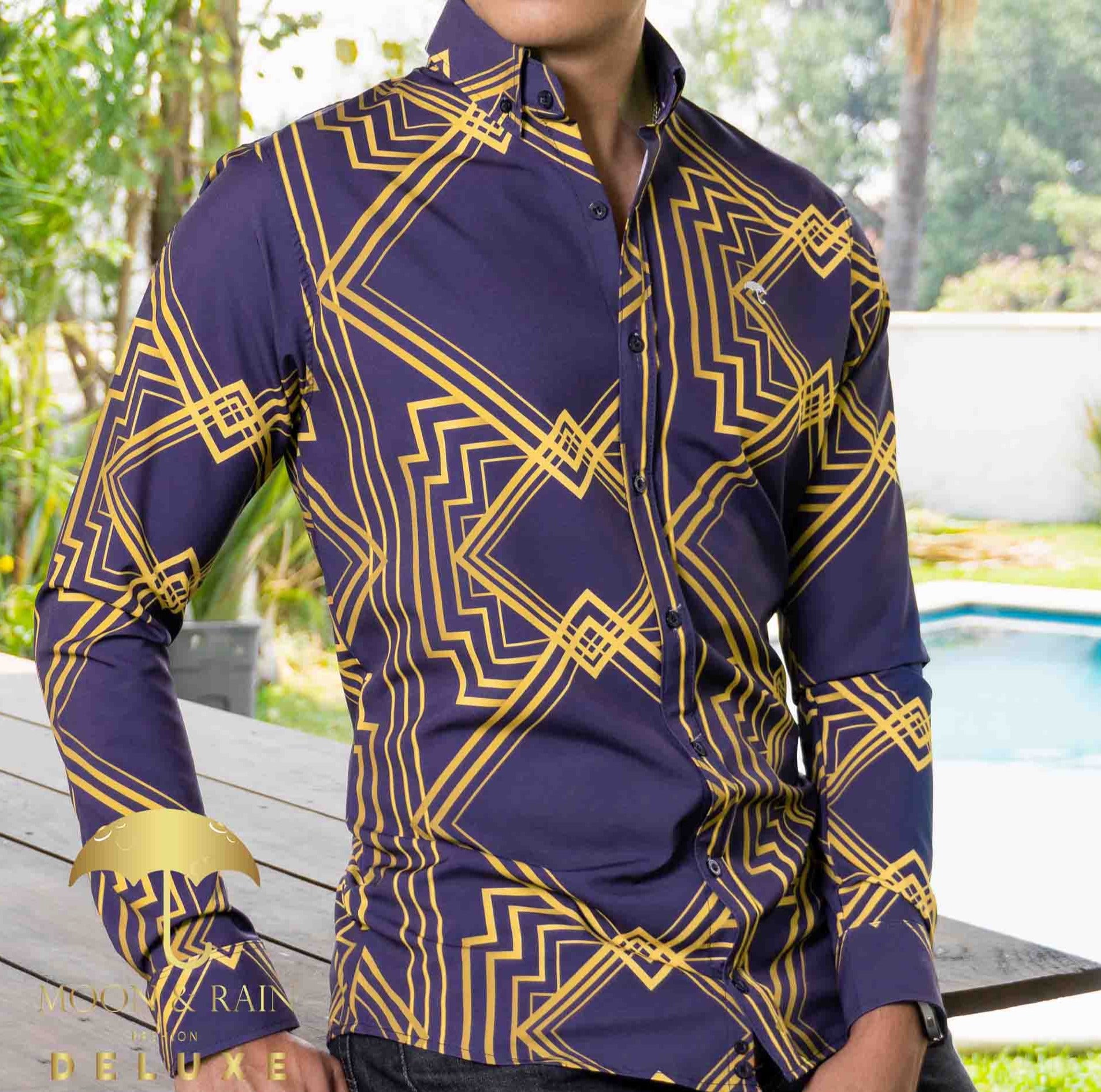 Camisa Hombre Casual Slim Fit Marino Rombos Dorados - 34 (S)-Tiendas Platino